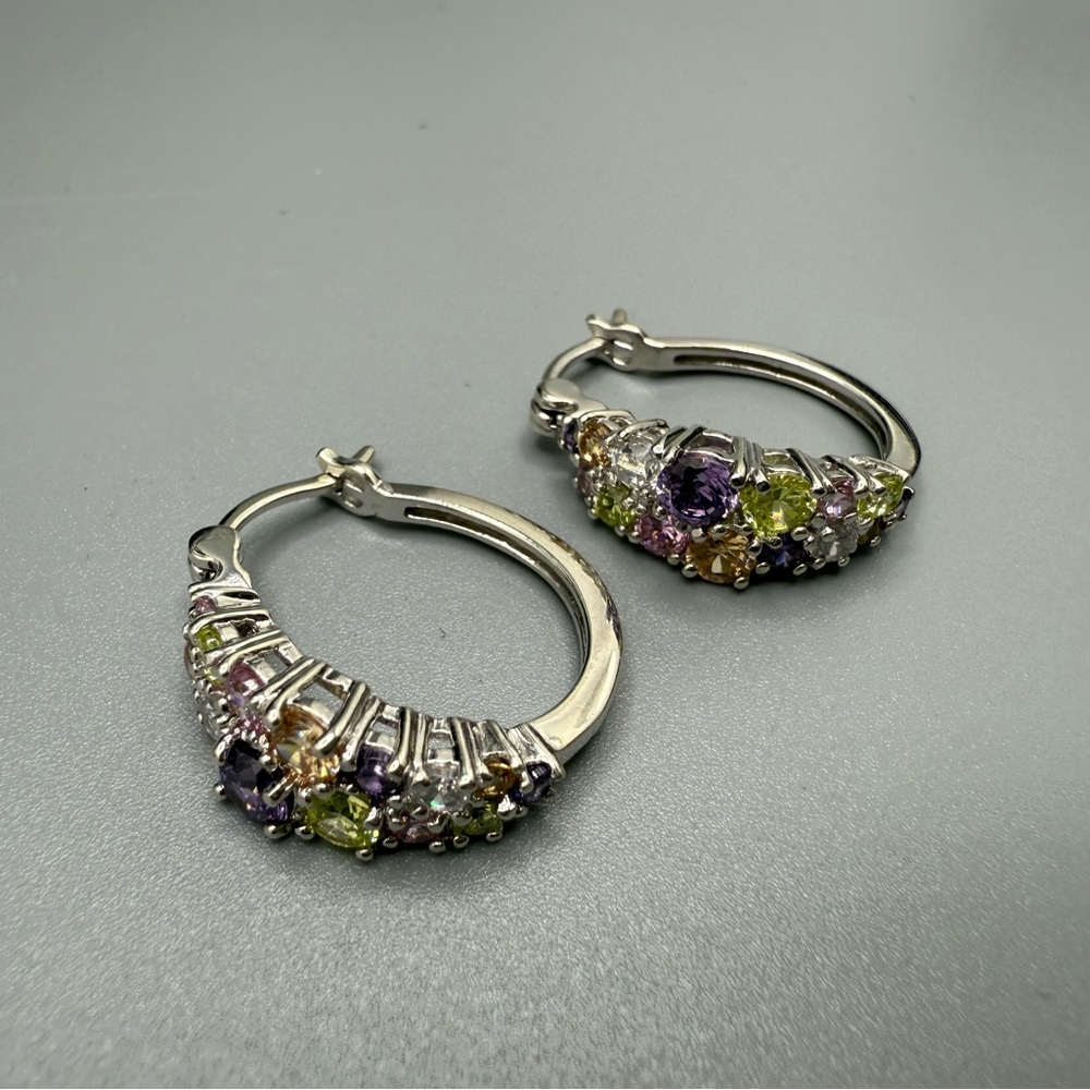 🌈Multicolor Gemstone Silver Hoops 🌈 - Picture 5 of 9